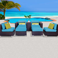 Elegant Ocean View Tropical Blue 7 Piece Outdoor Wicker Patio Furniture Set