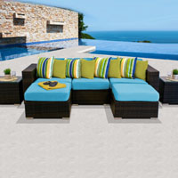 Modern Ocean View Tropical Blue 7 Piece Outdoor Wicker Patio Furniture Set
