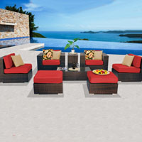 Contemporary Ocean View Red Spice 8 Piece Outdoor Wicker Patio Furniture Set