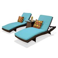 Pair of Tropical Blue Outdoor Wicker Patio Chaise Lounges
