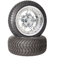 4 Brand New 215x35-12 Achieva Tires on 12x7 Supernova Vacuum Chrome Finish Golf Cart Wheels