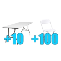 High Quality Package of 100 White Steel Frame Folding Chairs + 10 8ft Folding Tables