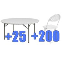 High Quality Package of 200 White Steel Frame Folding Chairs + 25 5ft Round Folding Tables