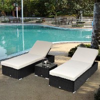 Brand New Outdoor Rattan Garden Wicker 3-Piece Set Square Table Sun Lounger Recliner Bed Chair