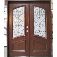 Mahogany Iron Double Door Frosted Glass Solid Wood Entry Door
