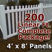200 ft Complete Solid PVC Vinyl Open Top Picket Fencing Package - 4' x 8' Fence Panels w/ 3" Spacing