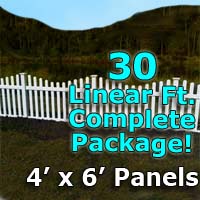 30 ft Complete Solid PVC Vinyl Open Top Scallop Picket Fencing Package - 4' x 6' Fence Panels w/ 3" Spacing