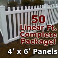 50 ft Complete Solid PVC Vinyl Open Top Picket Fencing Package - 4' x 6' Fence Panels w/ 3" Spacing