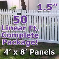 50 ft Complete Solid PVC Vinyl Open Top Straight Picket Fencing Package - 4' x 8' Fence Panels w/ 1.5" Spacing