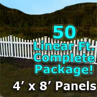 50 ft Complete Solid PVC Vinyl Open Top Scallop Picket Fencing Package - 4' x 8' Fence Panels w/ 3" Spacing