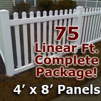 75 ft Complete Solid PVC Vinyl Open Top Picket Fencing Package - 4' x 8' Fence Panels w/ 3" Spacing