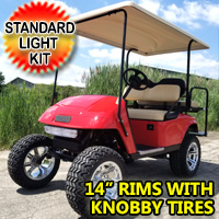 13 HP Kawasaki EZ-GO Red 4 Seater Gas Golf Cart Lifted With Extended Roof & Rear Flip Seat