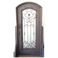 38 in. X 81 in. Single Wrought Iron Entry Door Curve Tempered Frosted Glass