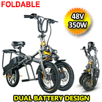 350 Watt Foldable Electric 48v Tricycle Folding 3 Wheel Bike W/Dual Batteries