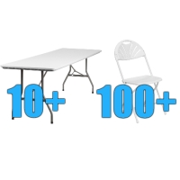 High Quality Package of 100 White Steel Frame Fan Back Folding Chairs + 10 8ft Folding Tables