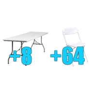 High Quality Package of 64 White Steel Frame Folding Chairs + 8 8ft Folding Tables
